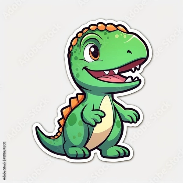Obraz Cute cartoon dinosaur sticker featuring a smiling green T-Rex with orange scales, perfect for kids and dinosaur enthusiasts.