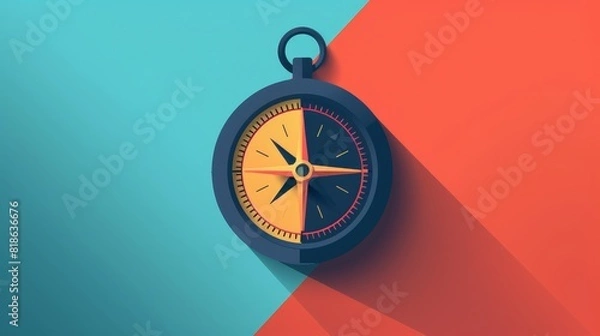 Fototapeta Stylized illustration of a compass on a split teal and coral background, highlighting navigation and direction themes.