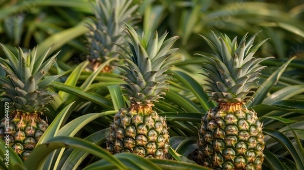 Fototapeta Ripe pineapple fruit ready to harvest in modern organic farming field.