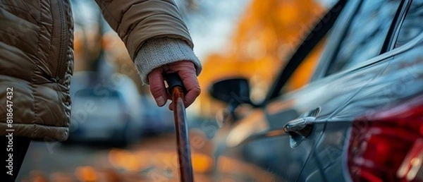 Fototapeta Close-up of an elderly person with a cane next to a car on an autumn day, symbolizing mobility and support for seniors.