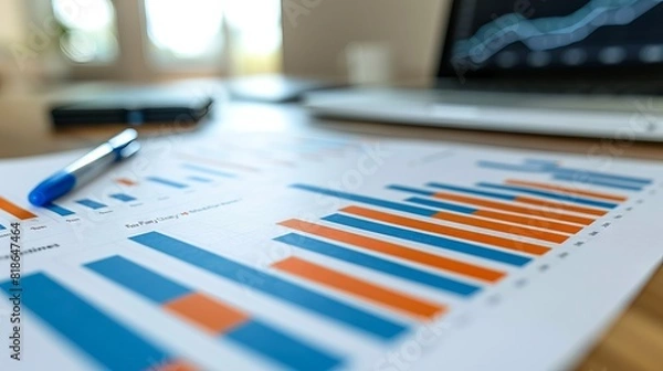 Fototapeta Close-up of financial graphs and charts on a desk with a laptop and pen, signifying data analysis and business planning in an office setting.