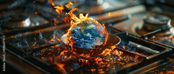 Obraz Conceptual image of a globe burning on a gas stove, symbolizing climate change, global warming, and environmental crisis.