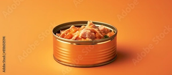Obraz A close up image of canned tuna displayed on a vibrant orange background with ample copy space