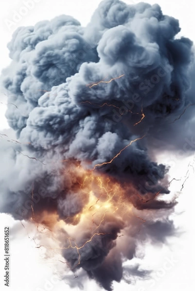 Fototapeta  A cloud of smoke with lightning on white background,  Dramatic Thunderstorm Clouds with Lightning Strikes