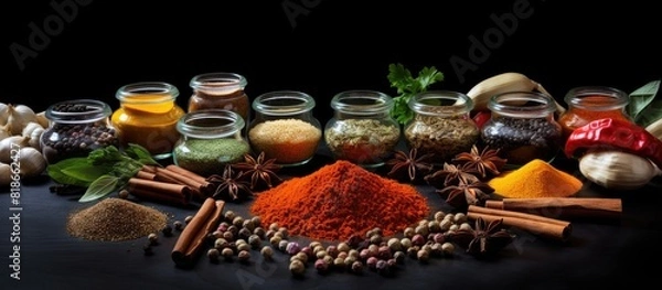 Obraz Cooking spices and condiments arranged on a black surface providing ample copy space for images