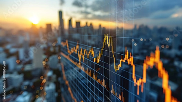 Fototapeta double exposure image of stock market investment graph and city on background,  concept of business investment and stock future trading