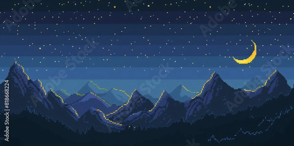 Fototapeta 8-bit video game pixel art mountain landscape with stars and moon in the sky