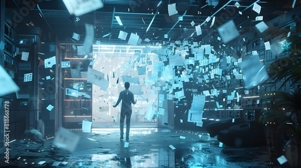 Fototapeta A man is standing in a room with a lot of paper flying around him. The scene is chaotic and disorganized, with the papers scattered everywhere. The man is trying to make sense of the mess