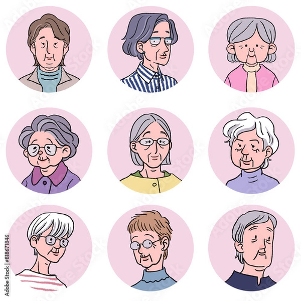 Obraz 色々なおばあちゃんの丸型アイコンセット