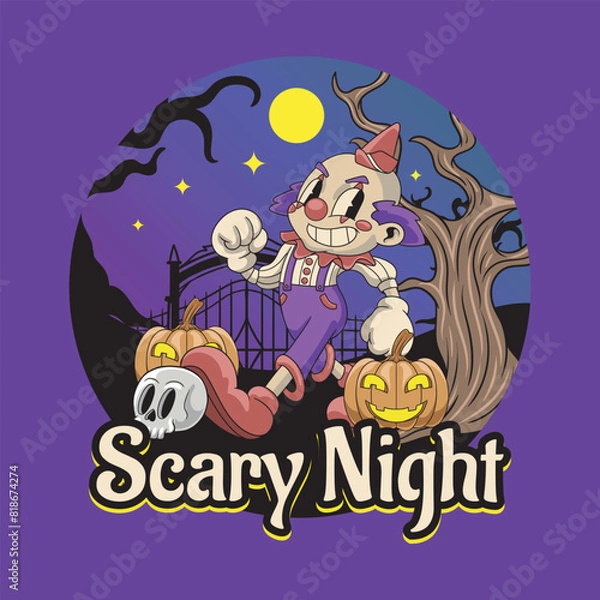 Fototapeta Happy Halloween Jester Clown Scary Night badge and label sticker, banner, patch, greeting card and invitation Vector illustration