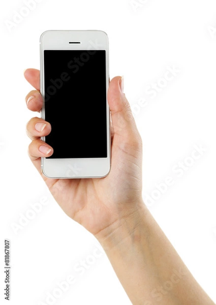 Fototapeta Hand holding mobile smart phone isolated on white