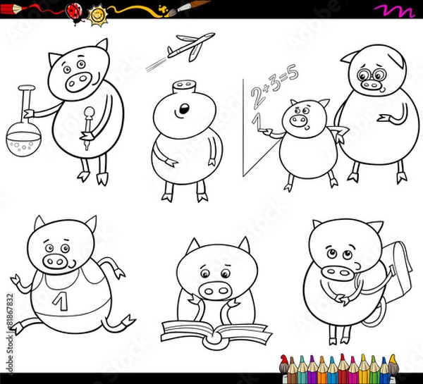 Fototapeta piglet student cartoon coloring page