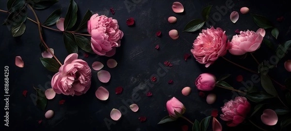 Fototapeta top view pink peony rose on black background, sensual romantic spring fashion concept