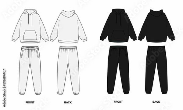 Fototapeta Technical drawing of a basic tracksuit, front and back view. Drawing of hoodie with pocket and joggers with rubber band. Hooded jacket pattern and elastic band sport pants. 