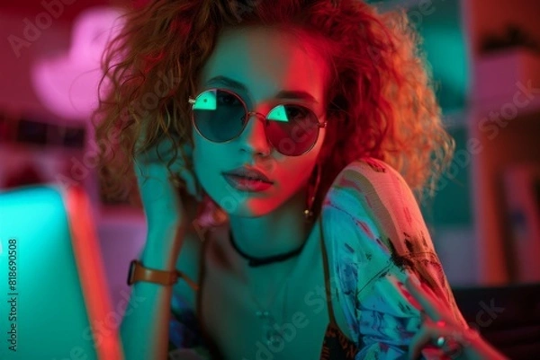 Obraz A stylish redhead wearing sunglasses, focusing intently on her laptop screen.