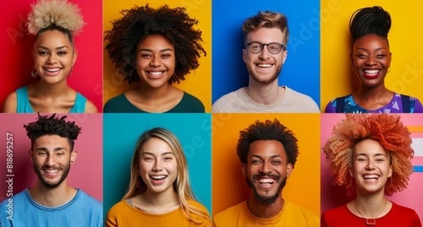Fototapeta photo of various people smiling, each in their own square on the same background, with diverse skin tones and hair colors, in vibrant color blocks. Each person's portrait