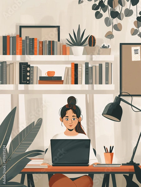 Fototapeta In a minimalistic home office environment, a female employee is seen conversing on a video call with colleagues, her back to the camera. Soft, cozy colors evoke a sense of comfort and tranquility,