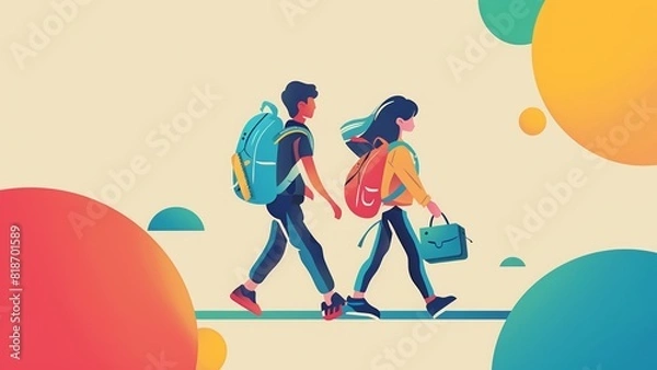 Fototapeta a flat vector illustration of two school kids walking on a blank colorful background