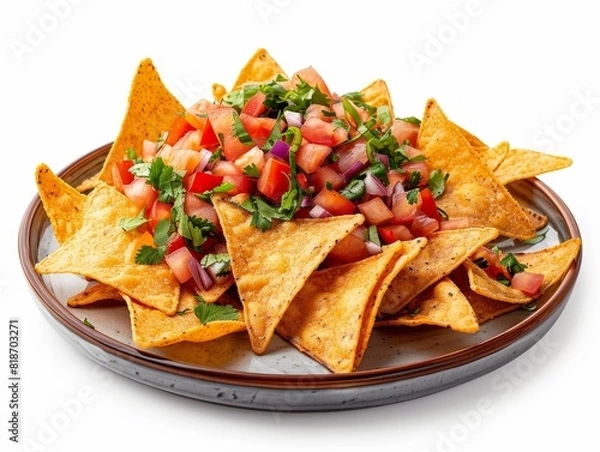 Fototapeta An aerial shot showcasing a vibrant plate of nachos with colorful toppings set against a white backdrop