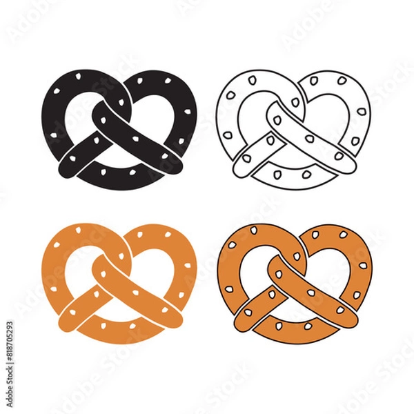 Fototapeta A set of brezel icons. Silhouette, outline, color icon. A bakery product in the shape of a pretzel, popular in Southern Germany, Austria and German Switzerland. Vector illustration isolated.