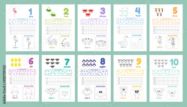 Fototapeta Activity worksheets for kids education with many exercises. Learning numbers from 1 to 10. Trace, color, dot to dot on one page