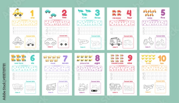 Fototapeta Activity worksheets for kids education with many exercises. Learning numbers from 1 to 10. Trace, color, dot to dot on one page