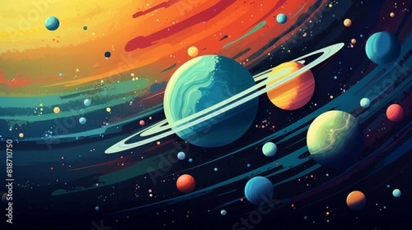 Fototapeta Space-themed illustration with planets and rockets
