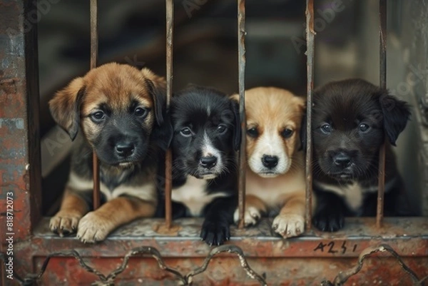 Fototapeta A white-red dog in a shelter for homeless animals stands behind the fence of the aviary and looks out. Animal in a cage. Bottom view.. Beautiful simple AI generated image in 4K, unique.