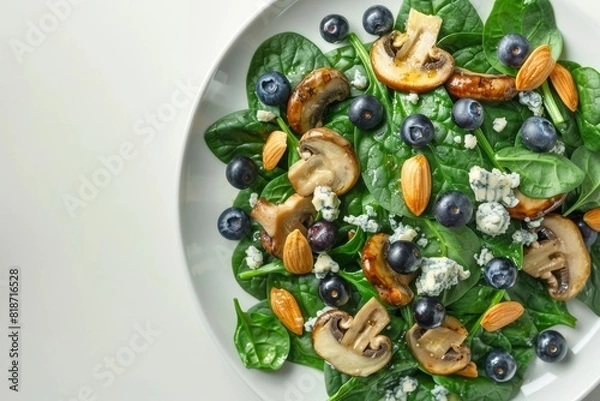 Obraz Savory Baby Spinach Salad with Warm Mushroom and Blueberry Vinaigrette