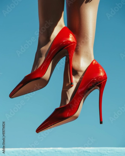 Fototapeta A pair of red high heels are shown in the air, with the woman's legs spread apart. Concept of elegance and sophistication, as the woman's red shoes are the focal point of the scene