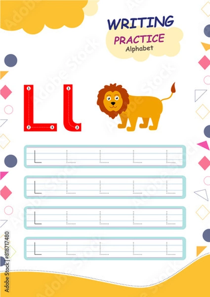 Fototapeta Alphabet Tracing Handwriting Practice Kids Worksheet L for Lion