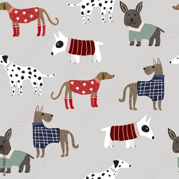 Obraz seamless pattern with cute dogs in Scandinavian style on a white background. Pattern for kids with dogs. Dogs print. Cute baby animals. Fabric design