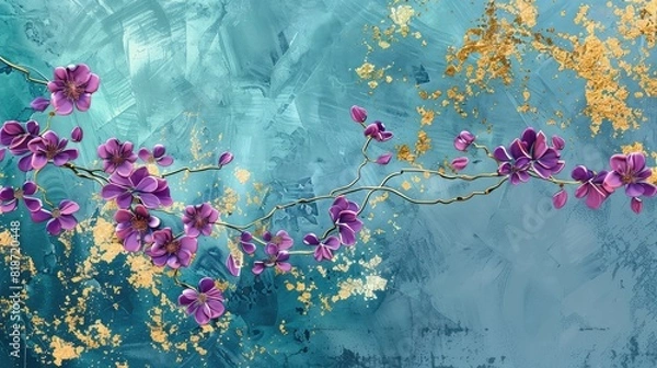 Obraz Abstract colorful art background with lilac flowers and gold flecks on a blue background, sprayed gold on leaves and on the background, artist's drawing