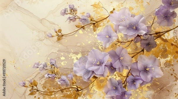 Obraz 
Illustration with acrylic paints interspersed with marble textures, lilac flowers on golden twigs with golden leaves, beige gradient background