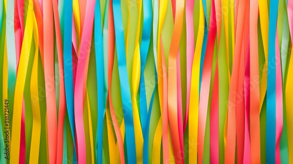 Fototapeta A colorful ribbon with a rainbow pattern. The ribbon is made of paper and is very long. The colors are bright and vibrant, creating a cheerful and lively atmosphere