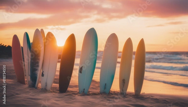 Fototapeta A set of surfboards resting against the vibrant sunset over the ocean
