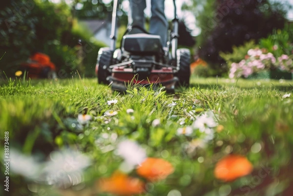 Fototapeta A person is mowing a lawn with a lawn mower. The grass is green and the flowers are orange