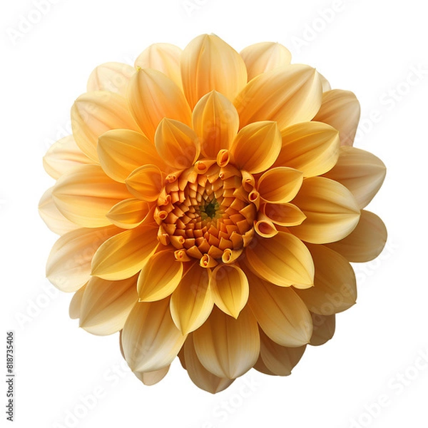 Fototapeta Yellow dahlia flower PNG. Yellow dahlia flower top view PNG. Dahlia flower flat lay isolated. Summertime flower bloom
