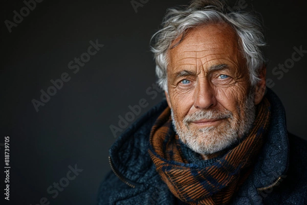 Fototapeta Older handsome white man with grey hair and scarf with slight smile on black backdrop with copyspace