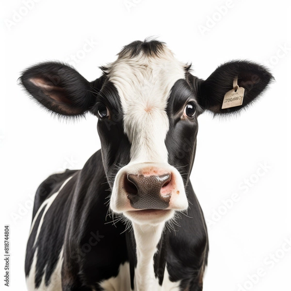 Fototapeta A black and white cow with a tag on its ear. The cow is staring at the camera