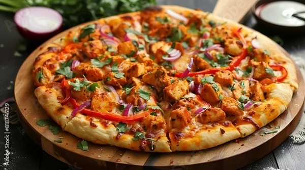 Fototapeta A delicious butter chicken pizza with red pepper and red onion