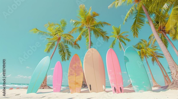 Fototapeta A row of surfboards are lined up on a beach next to palm trees. The surfboards are of different colors and sizes, and they are all facing the ocean. Concept of relaxation and leisure