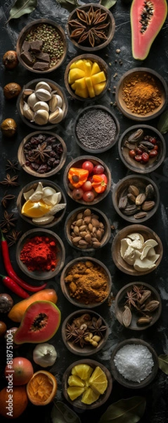 Fototapeta Colorful Array of Spices and Ingredients in Artistic Top View