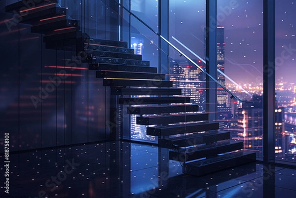 Fototapeta Elevated view of a jet black floating staircase in a penthouse, overlooking a city lit by night.