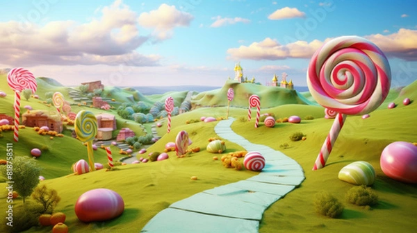 Fototapeta A cartoonish landscape with a path leading to a candy castle. The path is lined with candy and there are many lollipops scattered throughout the scene. Scene is whimsical and playful