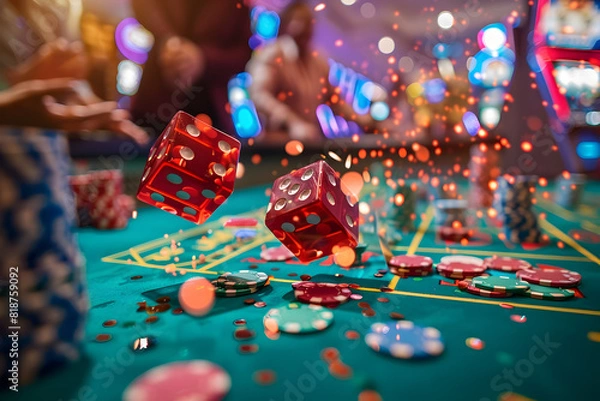 Fototapeta Betting table with dice and chips falling on them, casino concept, gambling, slots concept