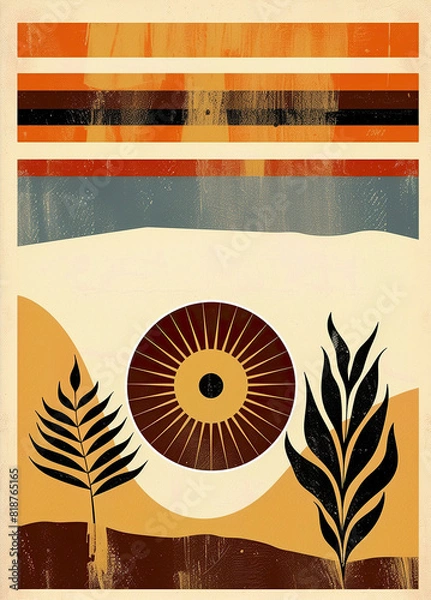 Fototapeta Boho poster with geometric shapes and earthy tones, featuring sun and plant motifs. Ideal for wall decor and modern home design, enhancing any space with a stylish boho touch.