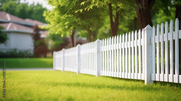 Fototapeta A white picket fence with a green background. The fence is in front of a house