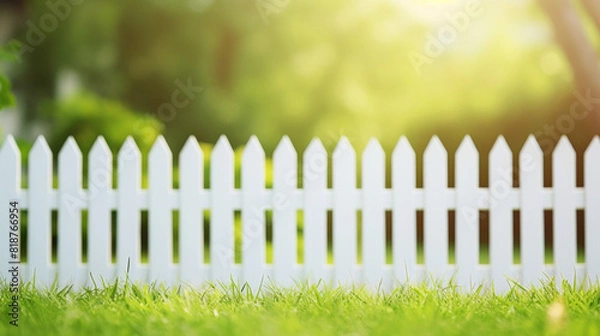 Fototapeta A white picket fence with a green background. The fence is empty and the grass is lush and green
