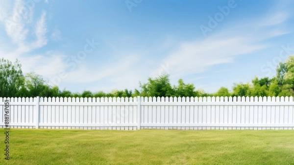 Fototapeta A white picket fence with a blue sky in the background